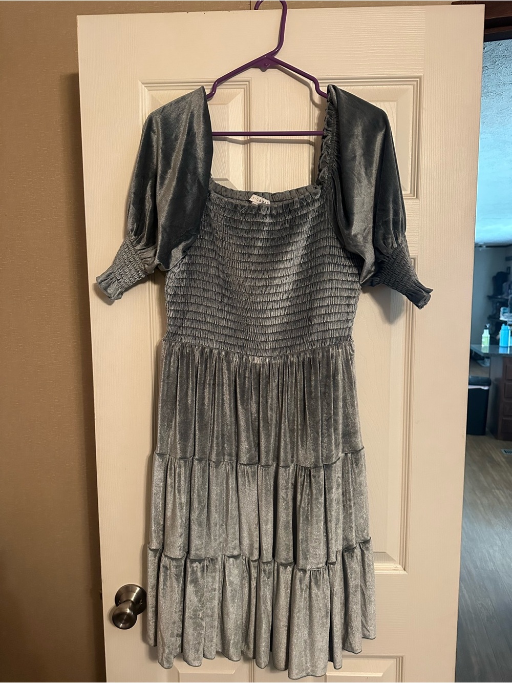 Baltic Born Silver-Gray Smocked Velvet Tiered Midi Dress